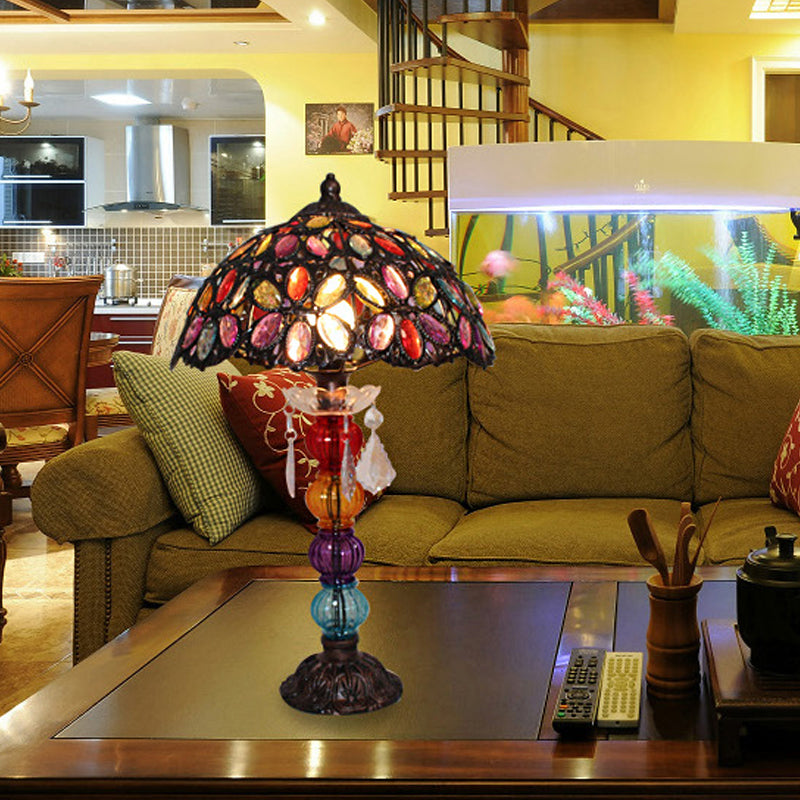 Flower Stained Glass Night Stand Lamp Bohemia 1-Bulb Living Room Table Light with Baluster Base in Bronze Clearhalo 'Lamps' 'Table Lamps' Lighting' 1971406