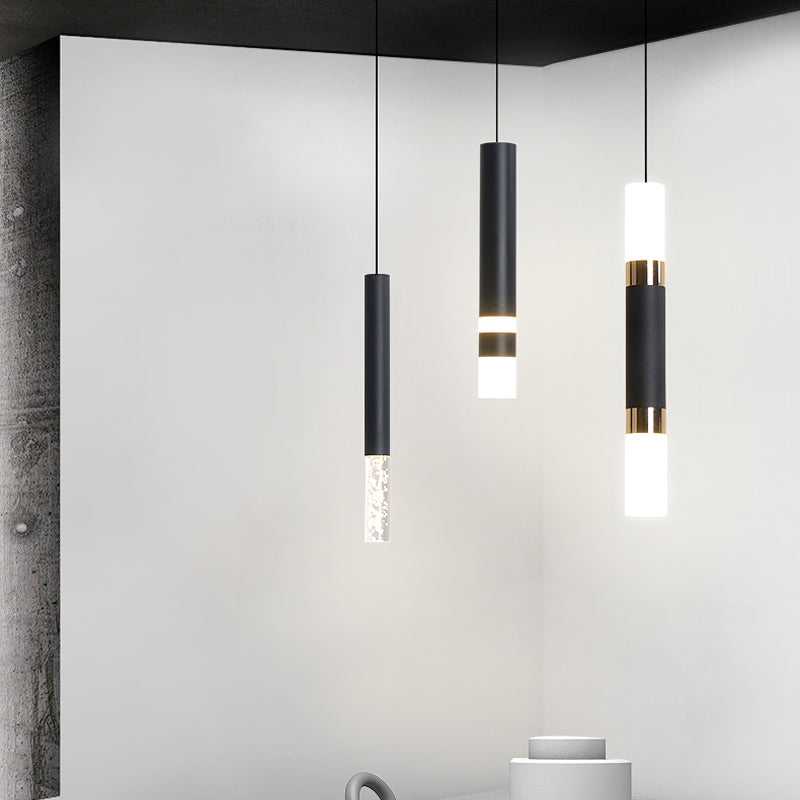 Black Tube Pendant Light Kit Simplicity Acrylic LED Ceiling Suspension Lamp in Warm/White Light, 10"/12"/12.5" H Black 10" Clearhalo 'Ceiling Lights' 'Modern Pendants' 'Modern' 'Pendant Lights' 'Pendants' Lighting' 1971493