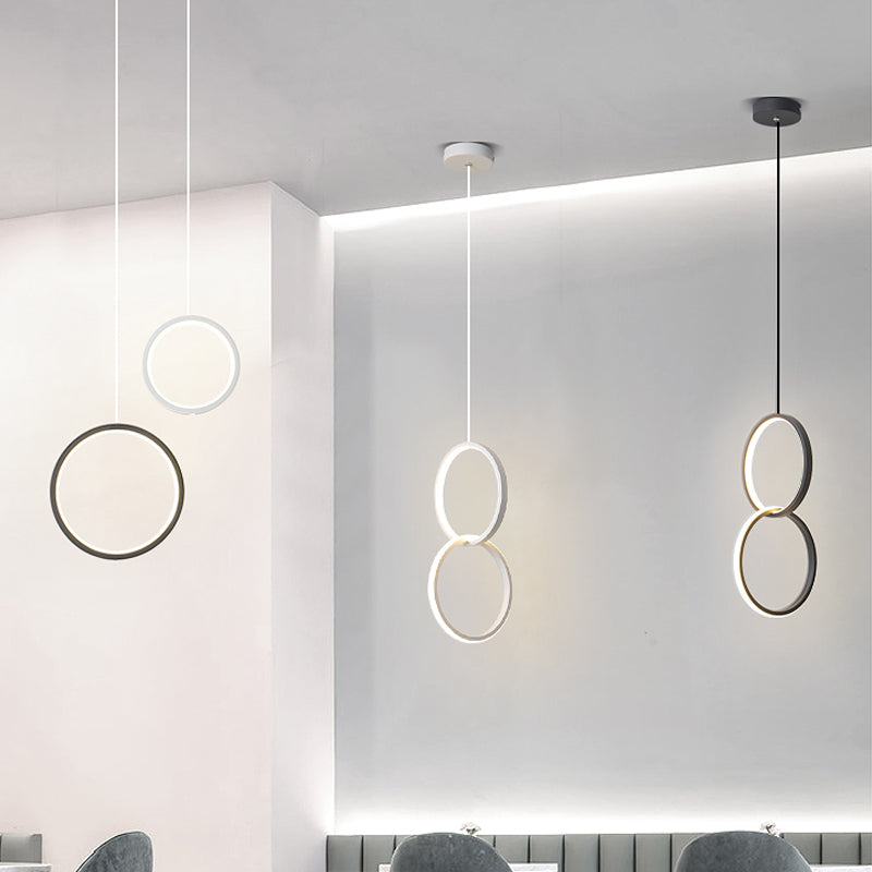 Bedside LED Pendulum Light Simple Black/White Drop Pendant with Ring/Interlocked Ring Acrylic Shade in Warm/White Light White B Clearhalo 'Ceiling Lights' 'Modern Pendants' 'Modern' 'Pendant Lights' 'Pendants' Lighting' 1971533