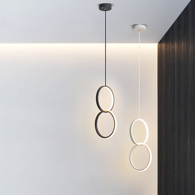 Bedside LED Pendulum Light Simple Black/White Drop Pendant with Ring/Interlocked Ring Acrylic Shade in Warm/White Light Black B Clearhalo 'Ceiling Lights' 'Modern Pendants' 'Modern' 'Pendant Lights' 'Pendants' Lighting' 1971540