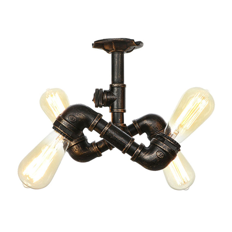 Water Pipe Metal Semi Flush Mount Vintage 3/4 Lights Indoor Ceiling Light Fixture in Antique Brass/Aged Silver/Antique Bronze Antique Brass A Clearhalo 'Ceiling Lights' 'Close To Ceiling Lights' 'Close to ceiling' 'Semi-flushmount' Lighting' 1971617