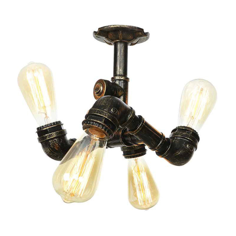 Water Pipe Metal Semi Flush Mount Vintage 3/4 Lights Indoor Ceiling Light Fixture in Antique Brass/Aged Silver/Antique Bronze Antique Bronze A Clearhalo 'Ceiling Lights' 'Close To Ceiling Lights' 'Close to ceiling' 'Semi-flushmount' Lighting' 1971623