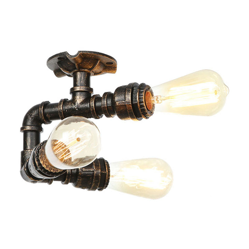 Water Pipe Metal Semi Flush Mount Vintage 3/4 Lights Indoor Ceiling Light Fixture in Antique Brass/Aged Silver/Antique Bronze Antique Brass B Clearhalo 'Ceiling Lights' 'Close To Ceiling Lights' 'Close to ceiling' 'Semi-flushmount' Lighting' 1971626