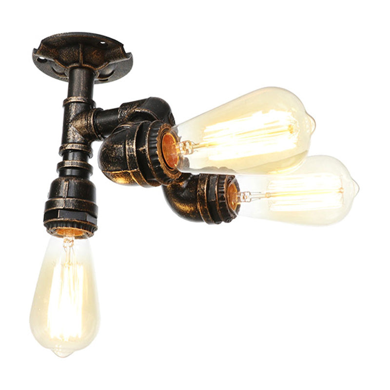 Water Pipe Metal Semi Flush Mount Vintage 3/4 Lights Indoor Ceiling Light Fixture in Antique Brass/Aged Silver/Antique Bronze Antique Brass C Clearhalo 'Ceiling Lights' 'Close To Ceiling Lights' 'Close to ceiling' 'Semi-flushmount' Lighting' 1971635