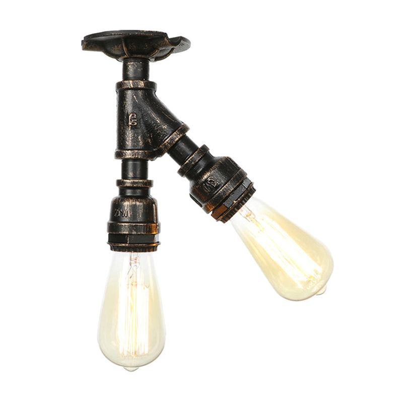 Metal Piping Semi Flush Light Farmhouse 2 Lights Foyer Ceiling Flush Mount in Antique Brass/Aged Silver/Antique Bronze Antique Brass A Clearhalo 'Ceiling Lights' 'Close To Ceiling Lights' 'Close to ceiling' 'Semi-flushmount' Lighting' 1971661