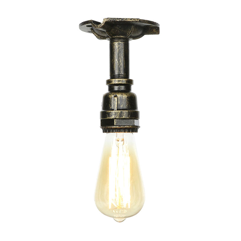 Vintage Pipe Ceiling Mounted Fixture 1 Light Metallic Semi Flush in Aged Silver/Antique Brass/Antique Bronze for Kitchen Antique Bronze B Clearhalo 'Ceiling Lights' 'Close To Ceiling Lights' 'Close to ceiling' 'Semi-flushmount' Lighting' 1971693