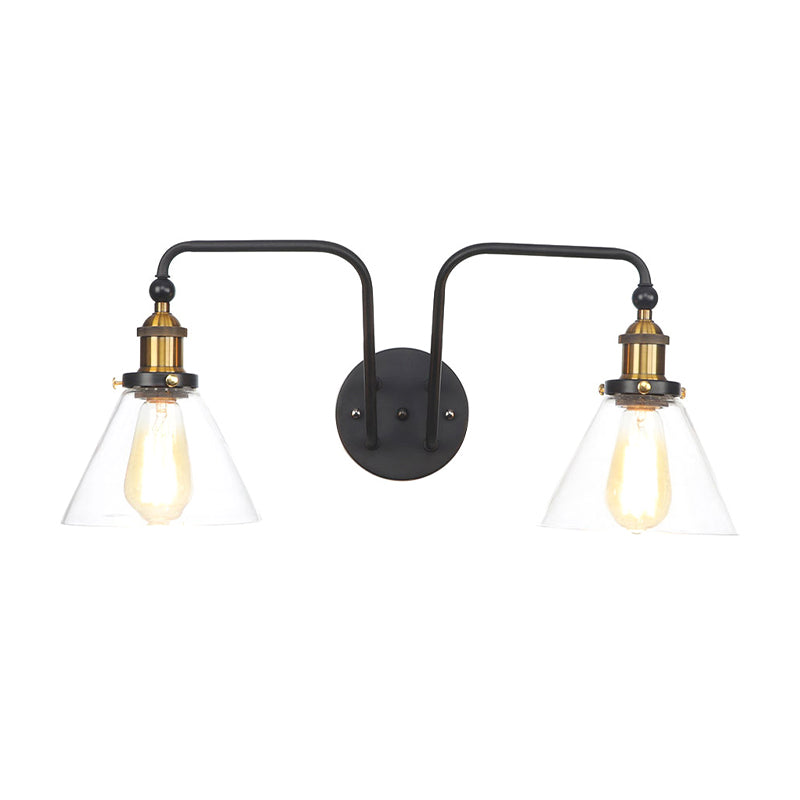 2 Lights Clear Glass Sconce Lamp Industrial Style Black Cone/Bowl Living Room Wall Lighting Idea Black Cone Clearhalo 'Cast Iron' 'Glass' 'Industrial wall lights' 'Industrial' 'Middle century wall lights' 'Modern' 'Tiffany' 'Traditional wall lights' 'Wall Lamps & Sconces' 'Wall Lights' Lighting' 1971805
