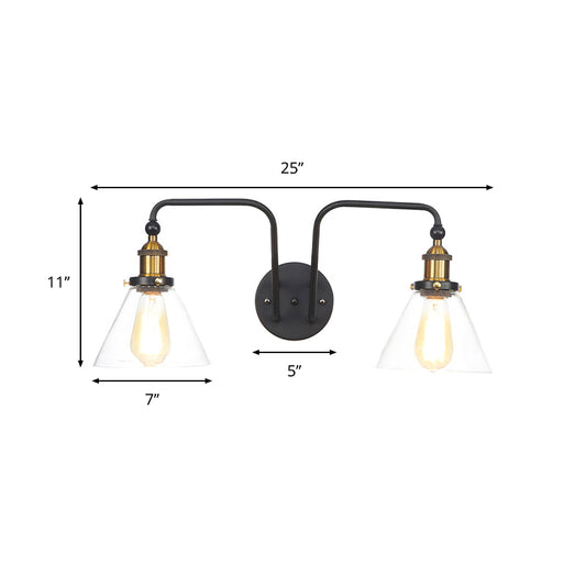 2 Lights Clear Glass Sconce Lamp Industrial Style Black Cone/Bowl Living Room Wall Lighting Idea Clearhalo 'Cast Iron' 'Glass' 'Industrial wall lights' 'Industrial' 'Middle century wall lights' 'Modern' 'Tiffany' 'Traditional wall lights' 'Wall Lamps & Sconces' 'Wall Lights' Lighting' 1971807