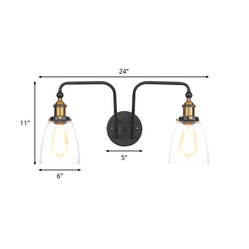 2 Lights Clear Glass Sconce Lamp Industrial Style Black Cone/Bowl Living Room Wall Lighting Idea Clearhalo 'Cast Iron' 'Glass' 'Industrial wall lights' 'Industrial' 'Middle century wall lights' 'Modern' 'Tiffany' 'Traditional wall lights' 'Wall Lamps & Sconces' 'Wall Lights' Lighting' 1971809