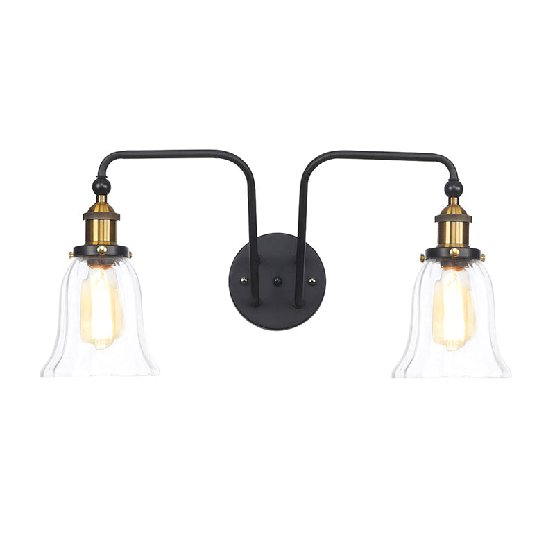 Pear/Bell Indoor Wall Mount Lamp Factory Clear Glass 2 Lights Sconce Light Fixture in Black Black Bell Clearhalo 'Cast Iron' 'Glass' 'Industrial wall lights' 'Industrial' 'Middle century wall lights' 'Modern' 'Tiffany' 'Traditional wall lights' 'Wall Lamps & Sconces' 'Wall Lights' Lighting' 1971810