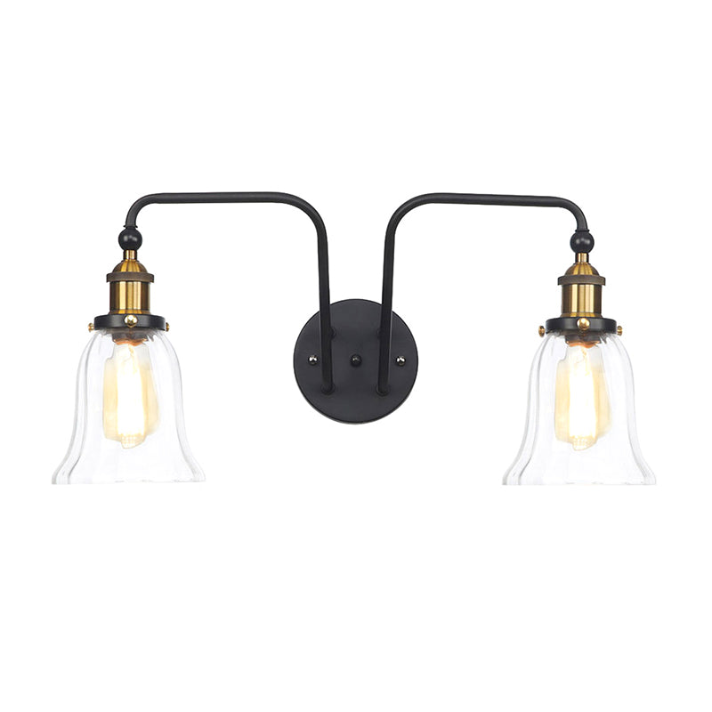 Pear/Bell Indoor Wall Mount Lamp Factory Clear Glass 2 Lights Sconce Light Fixture in Black Black Bell Clearhalo 'Cast Iron' 'Glass' 'Industrial wall lights' 'Industrial' 'Middle century wall lights' 'Modern' 'Tiffany' 'Traditional wall lights' 'Wall Lamps & Sconces' 'Wall Lights' Lighting' 1971810