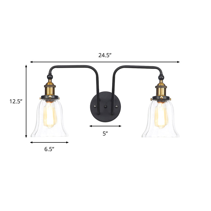 Pear/Bell Indoor Wall Mount Lamp Factory Clear Glass 2 Lights Sconce Light Fixture in Black Clearhalo 'Cast Iron' 'Glass' 'Industrial wall lights' 'Industrial' 'Middle century wall lights' 'Modern' 'Tiffany' 'Traditional wall lights' 'Wall Lamps & Sconces' 'Wall Lights' Lighting' 1971813