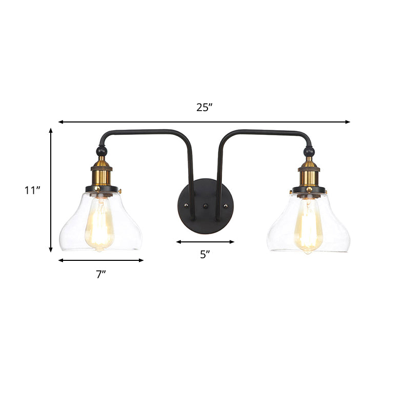 Pear/Bell Indoor Wall Mount Lamp Factory Clear Glass 2 Lights Sconce Light Fixture in Black Clearhalo 'Cast Iron' 'Glass' 'Industrial wall lights' 'Industrial' 'Middle century wall lights' 'Modern' 'Tiffany' 'Traditional wall lights' 'Wall Lamps & Sconces' 'Wall Lights' Lighting' 1971815