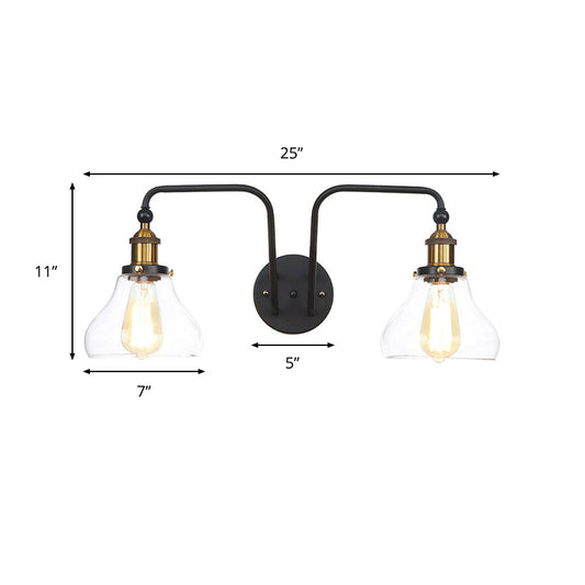 Pear/Bell Indoor Wall Mount Lamp Factory Clear Glass 2 Lights Sconce Light Fixture in Black Clearhalo 'Cast Iron' 'Glass' 'Industrial wall lights' 'Industrial' 'Middle century wall lights' 'Modern' 'Tiffany' 'Traditional wall lights' 'Wall Lamps & Sconces' 'Wall Lights' Lighting' 1971815