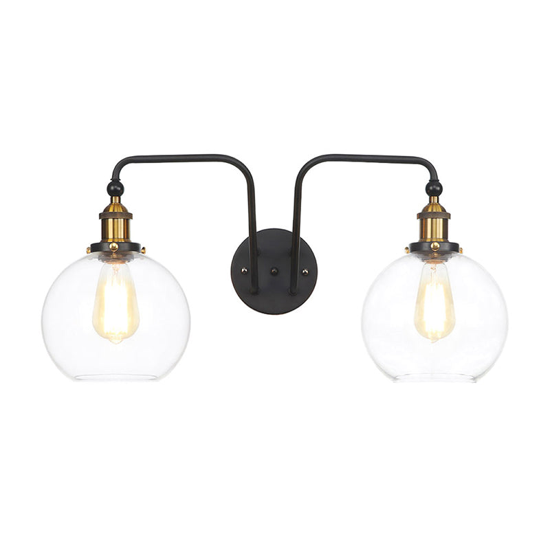 Black Globe/Bowl Sconce Lamp Industrial Style Clear Glass 2 Lights Dining Room Wall Lighting Black Globe Clearhalo 'Cast Iron' 'Glass' 'Industrial wall lights' 'Industrial' 'Middle century wall lights' 'Modern' 'Tiffany' 'Traditional wall lights' 'Wall Lamps & Sconces' 'Wall Lights' Lighting' 1971816