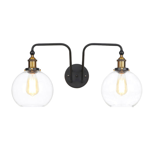Black Globe/Bowl Sconce Lamp Industrial Style Clear Glass 2 Lights Dining Room Wall Lighting Black Globe Clearhalo 'Cast Iron' 'Glass' 'Industrial wall lights' 'Industrial' 'Middle century wall lights' 'Modern' 'Tiffany' 'Traditional wall lights' 'Wall Lamps & Sconces' 'Wall Lights' Lighting' 1971816