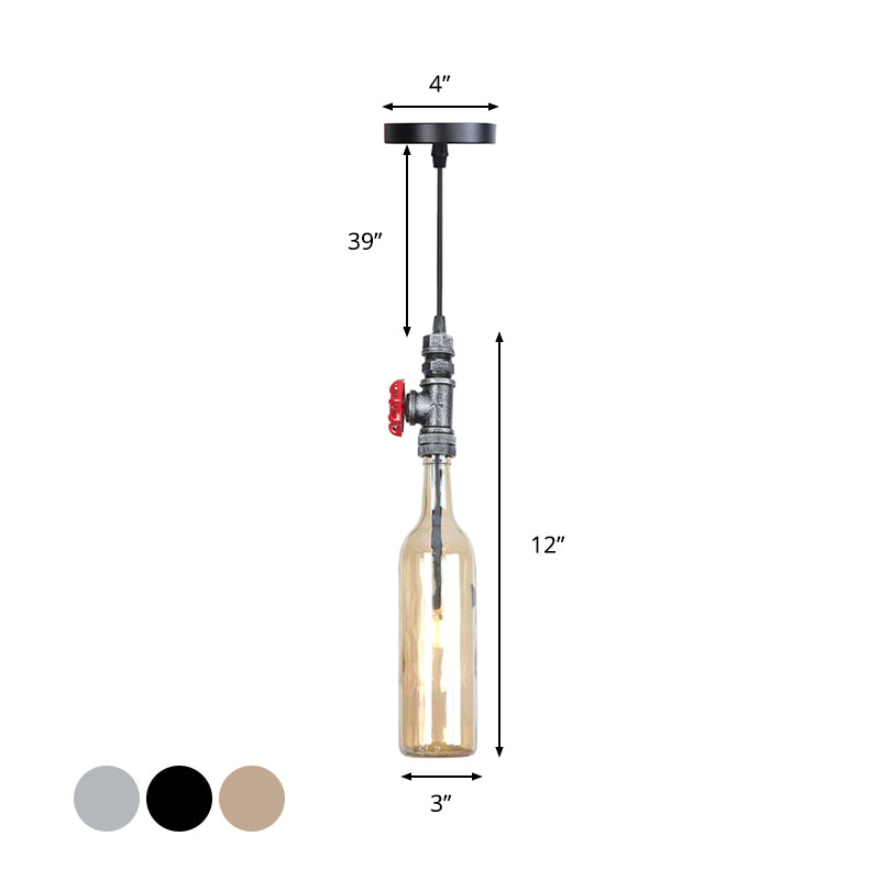 1 Light Pipe Hanging Lighting Industrial Black/Aged Silver/Antique Bronze Metal Pendant Lamp with Wine Bottle Brown/Blue/Green Glass Shade Clearhalo 'Ceiling Lights' 'Chandeliers' 'Glass shade' 'Glass' 'Industrial Pendants' 'Industrial' 'Middle Century Pendants' 'Pendant Lights' 'Pendants' 'Tiffany' Lighting' 1971845