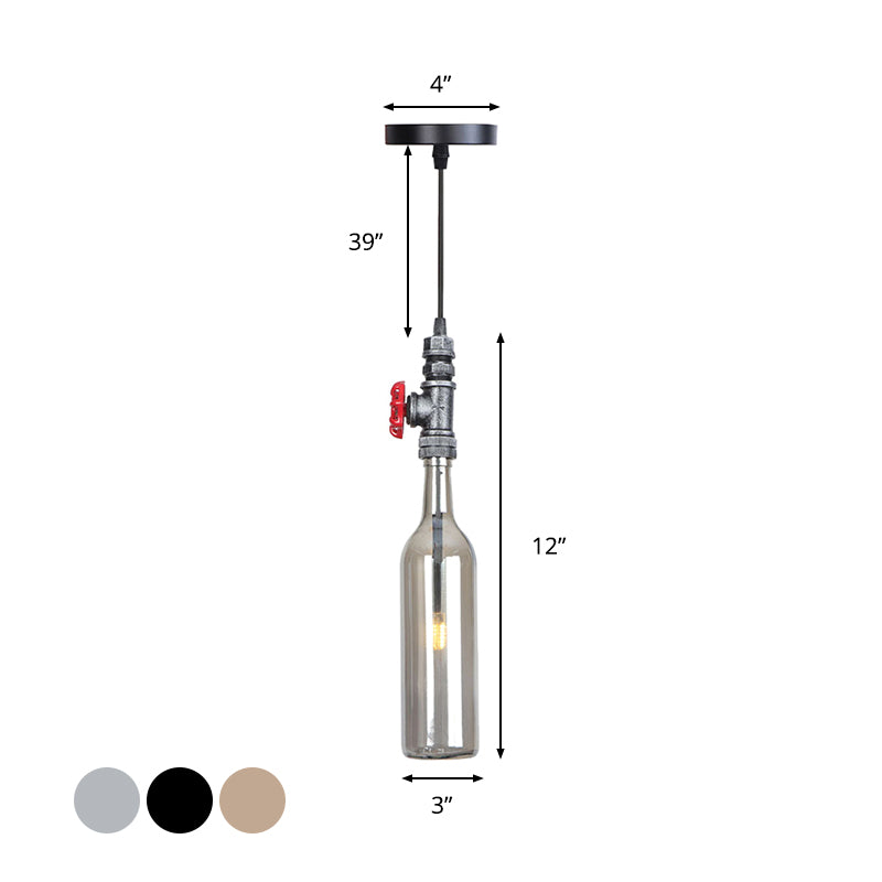 1 Light Pipe Hanging Lighting Industrial Black/Aged Silver/Antique Bronze Metal Pendant Lamp with Wine Bottle Brown/Blue/Green Glass Shade Clearhalo 'Ceiling Lights' 'Chandeliers' 'Glass shade' 'Glass' 'Industrial Pendants' 'Industrial' 'Middle Century Pendants' 'Pendant Lights' 'Pendants' 'Tiffany' Lighting' 1971851