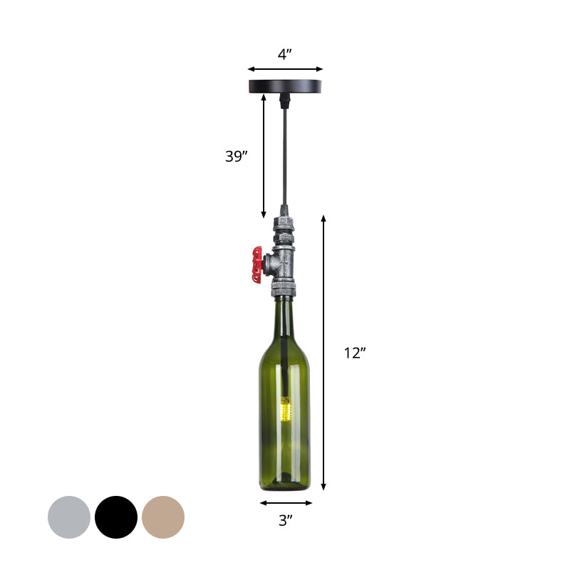 1 Light Pipe Hanging Lighting Industrial Black/Aged Silver/Antique Bronze Metal Pendant Lamp with Wine Bottle Brown/Blue/Green Glass Shade Clearhalo 'Ceiling Lights' 'Chandeliers' 'Glass shade' 'Glass' 'Industrial Pendants' 'Industrial' 'Middle Century Pendants' 'Pendant Lights' 'Pendants' 'Tiffany' Lighting' 1971858