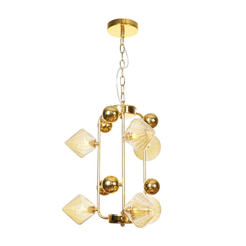 Diamond Living Room Chandelier Lighting Vintage Clear/Amber Ribbing Glass 6/8/10 Bulbs Copper/Gold Finish LED Pendant Lamp Clearhalo 'Ceiling Lights' 'Chandeliers' 'Glass shade' 'Glass' 'Industrial Chandeliers' 'Industrial' 'Middle Century Chandeliers' 'Tiffany' Lighting' 1971872