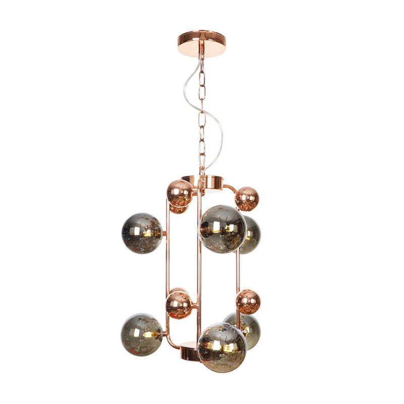 Copper/Gold Finish Ball Hanging Chandelier Industrial Clear/Amber/Smoke Gray Mirror Glass 6/8/10 Heads Living Room Ceiling Light 6 Copper Smoke Grey Clearhalo 'Ceiling Lights' 'Chandeliers' 'Glass shade' 'Glass' 'Industrial Chandeliers' 'Industrial' 'Middle Century Chandeliers' 'Tiffany' Lighting' 1971902