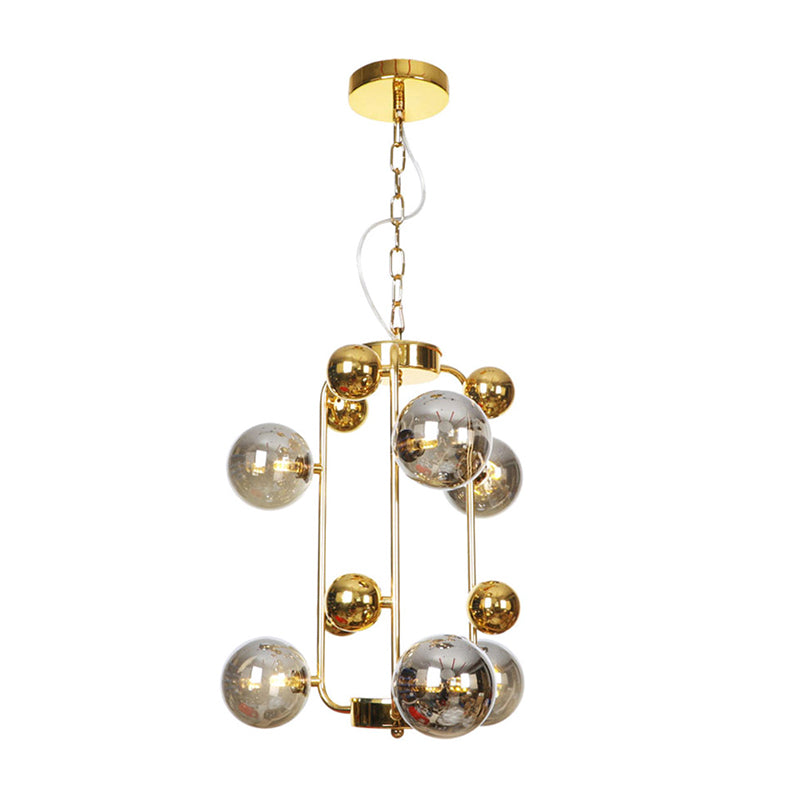 Copper/Gold Finish Ball Hanging Chandelier Industrial Clear/Amber/Smoke Gray Mirror Glass 6/8/10 Heads Living Room Ceiling Light 6 Gold Smoke Grey Clearhalo 'Ceiling Lights' 'Chandeliers' 'Glass shade' 'Glass' 'Industrial Chandeliers' 'Industrial' 'Middle Century Chandeliers' 'Tiffany' Lighting' 1971903