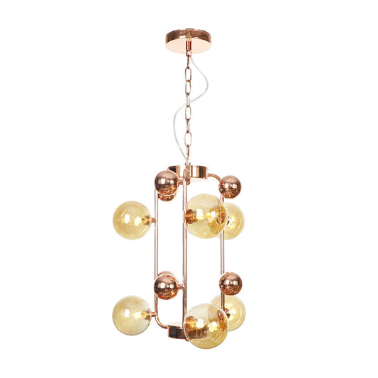 Copper/Gold Finish Ball Hanging Chandelier Industrial Clear/Amber/Smoke Gray Mirror Glass 6/8/10 Heads Living Room Ceiling Light 6 Copper Amber Clearhalo 'Ceiling Lights' 'Chandeliers' 'Glass shade' 'Glass' 'Industrial Chandeliers' 'Industrial' 'Middle Century Chandeliers' 'Tiffany' Lighting' 1971907