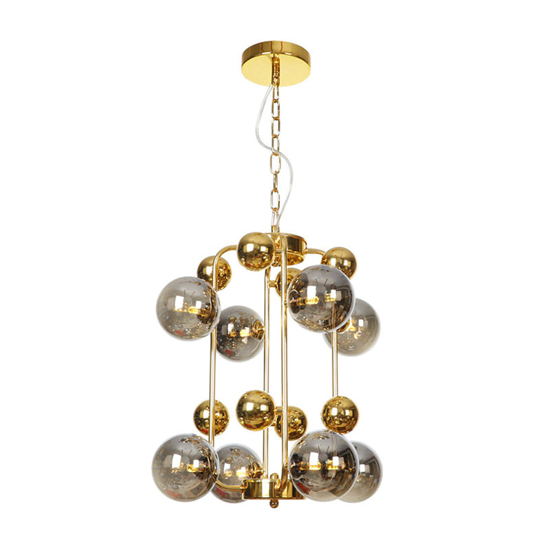 Copper/Gold Finish Ball Hanging Chandelier Industrial Clear/Amber/Smoke Gray Mirror Glass 6/8/10 Heads Living Room Ceiling Light 8 Gold Smoke Grey Clearhalo 'Ceiling Lights' 'Chandeliers' 'Glass shade' 'Glass' 'Industrial Chandeliers' 'Industrial' 'Middle Century Chandeliers' 'Tiffany' Lighting' 1971911