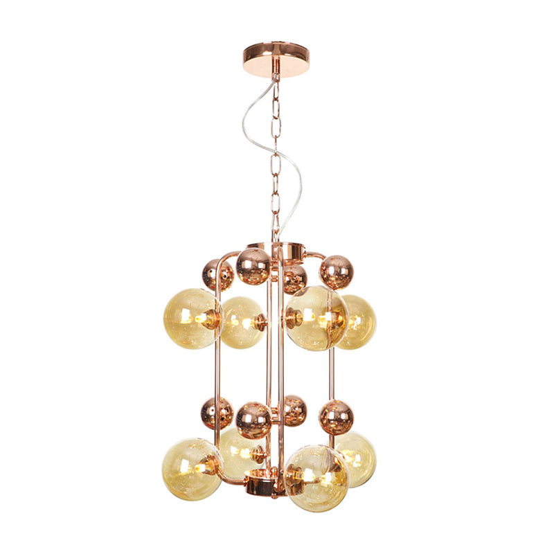 Copper/Gold Finish Ball Hanging Chandelier Industrial Clear/Amber/Smoke Gray Mirror Glass 6/8/10 Heads Living Room Ceiling Light 8 Copper Amber Clearhalo 'Ceiling Lights' 'Chandeliers' 'Glass shade' 'Glass' 'Industrial Chandeliers' 'Industrial' 'Middle Century Chandeliers' 'Tiffany' Lighting' 1971916