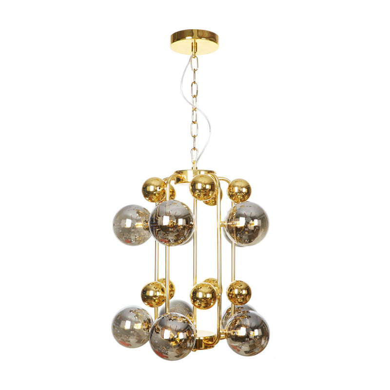 Copper/Gold Finish Ball Hanging Chandelier Industrial Clear/Amber/Smoke Gray Mirror Glass 6/8/10 Heads Living Room Ceiling Light 10 Gold Smoke Grey Clearhalo 'Ceiling Lights' 'Chandeliers' 'Glass shade' 'Glass' 'Industrial Chandeliers' 'Industrial' 'Middle Century Chandeliers' 'Tiffany' Lighting' 1971920