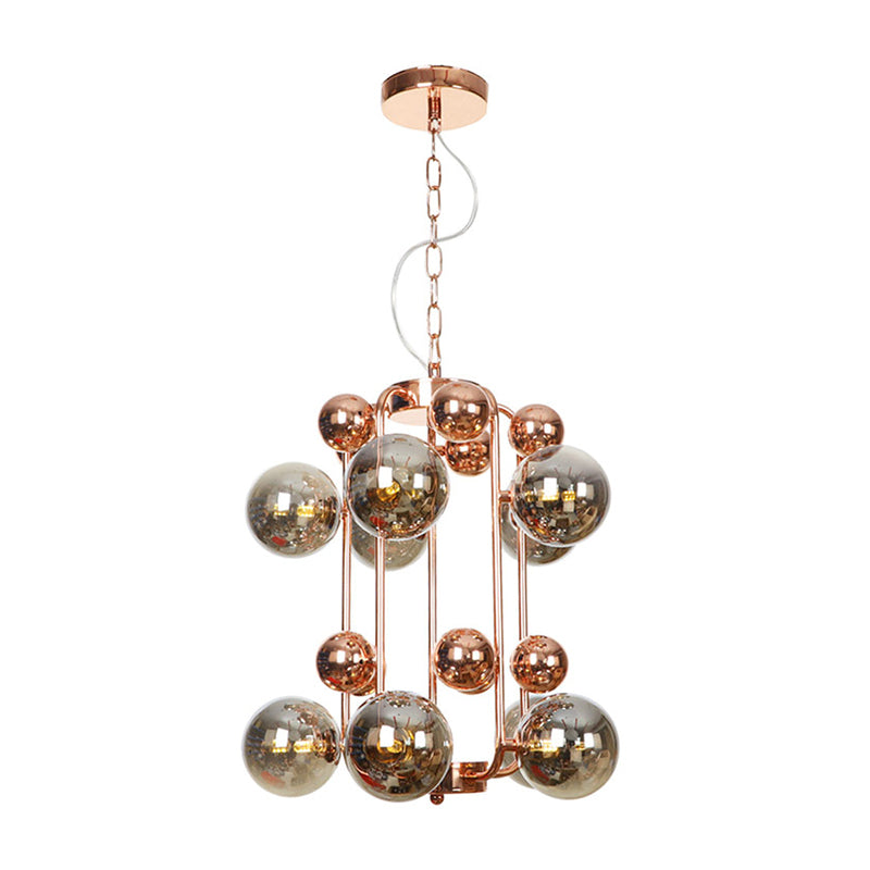 Copper/Gold Finish Ball Hanging Chandelier Industrial Clear/Amber/Smoke Gray Mirror Glass 6/8/10 Heads Living Room Ceiling Light Copper Smoke Grey Clearhalo 'Ceiling Lights' 'Chandeliers' 'Glass shade' 'Glass' 'Industrial Chandeliers' 'Industrial' 'Middle Century Chandeliers' 'Tiffany' Lighting' 1971922