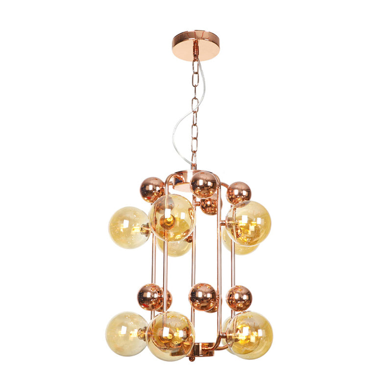 Copper/Gold Finish Ball Hanging Chandelier Industrial Clear/Amber/Smoke Gray Mirror Glass 6/8/10 Heads Living Room Ceiling Light 10 Copper Amber Clearhalo 'Ceiling Lights' 'Chandeliers' 'Glass shade' 'Glass' 'Industrial Chandeliers' 'Industrial' 'Middle Century Chandeliers' 'Tiffany' Lighting' 1971925