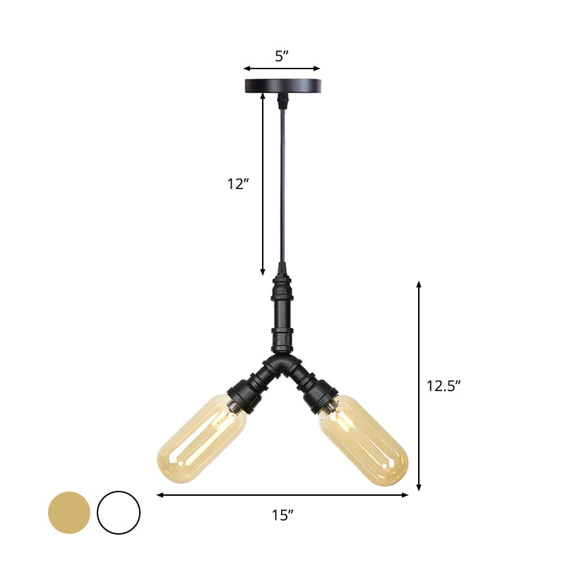 Piping Dining Room Hanging Lighting Industrial Amber/Clear Glass 2/3/4 Heads Black Finish LED Ceiling Chandelier Clearhalo 'Ceiling Lights' 'Chandeliers' 'Clear' 'Glass shade' 'Glass' 'Industrial Chandeliers' 'Industrial' 'Middle Century Chandeliers' 'Modern' 'Tiffany' 'Traditional Chandeliers' Lighting' 1971949