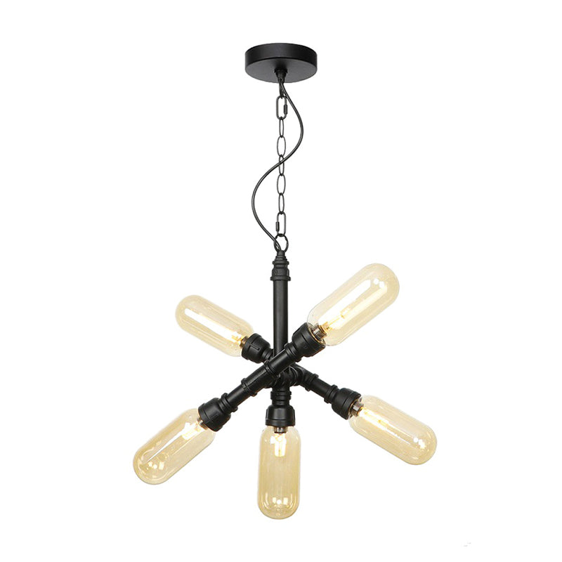 Vintage Starburst Chandelier Lighting 5/6/8 Lights Amber/Clear Glass Hanging Pendant Lamp in Black 5 Amber Clearhalo 'Ceiling Lights' 'Chandeliers' 'Clear' 'Glass shade' 'Glass' 'Industrial Chandeliers' 'Industrial' 'Middle Century Chandeliers' 'Modern' 'Tiffany' 'Traditional Chandeliers' Lighting' 1971959