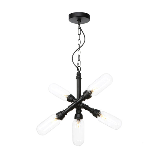 Vintage Starburst Chandelier Lighting 5/6/8 Lights Amber/Clear Glass Hanging Pendant Lamp in Black 5 Clear Clearhalo 'Ceiling Lights' 'Chandeliers' 'Clear' 'Glass shade' 'Glass' 'Industrial Chandeliers' 'Industrial' 'Middle Century Chandeliers' 'Modern' 'Tiffany' 'Traditional Chandeliers' Lighting' 1971960