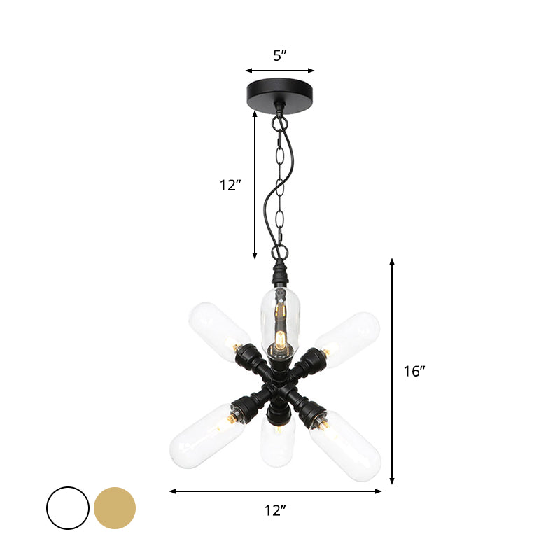 Vintage Starburst Chandelier Lighting 5/6/8 Lights Amber/Clear Glass Hanging Pendant Lamp in Black Clearhalo 'Ceiling Lights' 'Chandeliers' 'Clear' 'Glass shade' 'Glass' 'Industrial Chandeliers' 'Industrial' 'Middle Century Chandeliers' 'Modern' 'Tiffany' 'Traditional Chandeliers' Lighting' 1971963