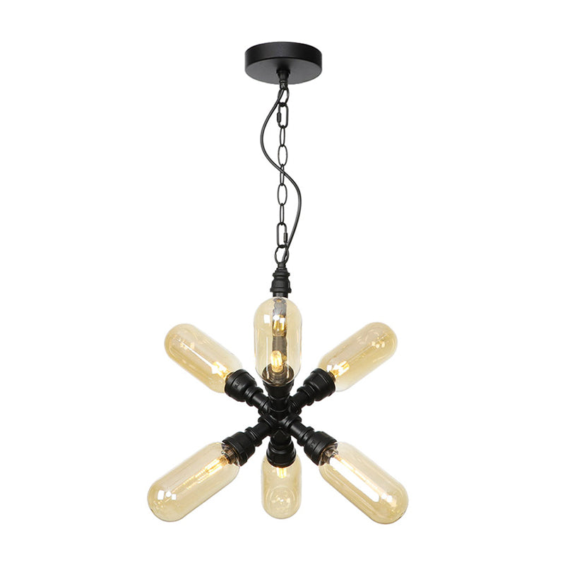 Vintage Starburst Chandelier Lighting 5/6/8 Lights Amber/Clear Glass Hanging Pendant Lamp in Black 6 Amber Clearhalo 'Ceiling Lights' 'Chandeliers' 'Clear' 'Glass shade' 'Glass' 'Industrial Chandeliers' 'Industrial' 'Middle Century Chandeliers' 'Modern' 'Tiffany' 'Traditional Chandeliers' Lighting' 1971964
