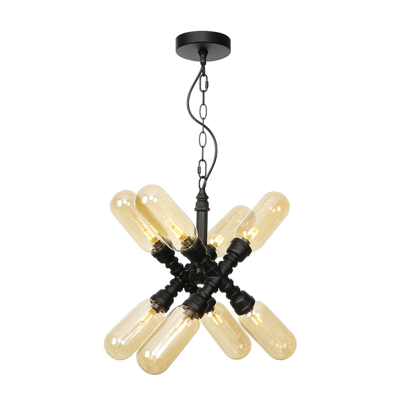 Vintage Starburst Chandelier Lighting 5/6/8 Lights Amber/Clear Glass Hanging Pendant Lamp in Black 8 Amber Clearhalo 'Ceiling Lights' 'Chandeliers' 'Clear' 'Glass shade' 'Glass' 'Industrial Chandeliers' 'Industrial' 'Middle Century Chandeliers' 'Modern' 'Tiffany' 'Traditional Chandeliers' Lighting' 1971967