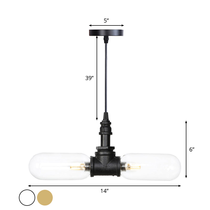 Capsule Amber/Clear Glass Pendant Chandelier Vintage 2 Heads Restaurant LED Hanging Ceiling Light in Black with Pipe Design Clearhalo 'Ceiling Lights' 'Chandeliers' 'Clear' 'Close To Ceiling Lights' 'Glass shade' 'Glass' 'Industrial Chandeliers' 'Industrial' 'Middle Century Chandeliers' 'Modern' 'Tiffany' 'Traditional Chandeliers' Lighting' 1972010
