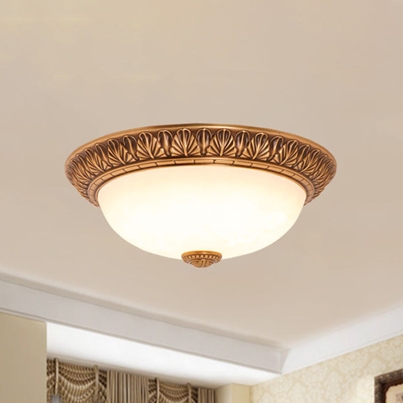Cream Glass Bronze Flush Mount Light Flower/Leaf/Floral-Trimmed Bowl Traditional LED Ceiling Light Fixture, 12"/16" W Clearhalo 'Ceiling Lights' 'Close To Ceiling Lights' 'Close to ceiling' 'Flush mount' Lighting' 1972023