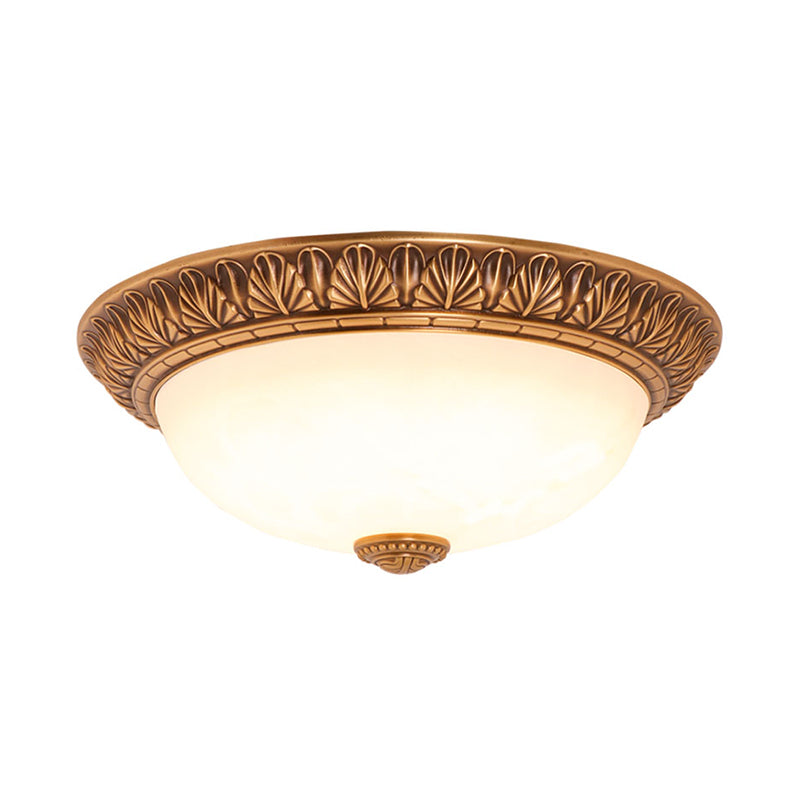 Cream Glass Bronze Flush Mount Light Flower/Leaf/Floral-Trimmed Bowl Traditional LED Ceiling Light Fixture, 12"/16" W Clearhalo 'Ceiling Lights' 'Close To Ceiling Lights' 'Close to ceiling' 'Flush mount' Lighting' 1972025