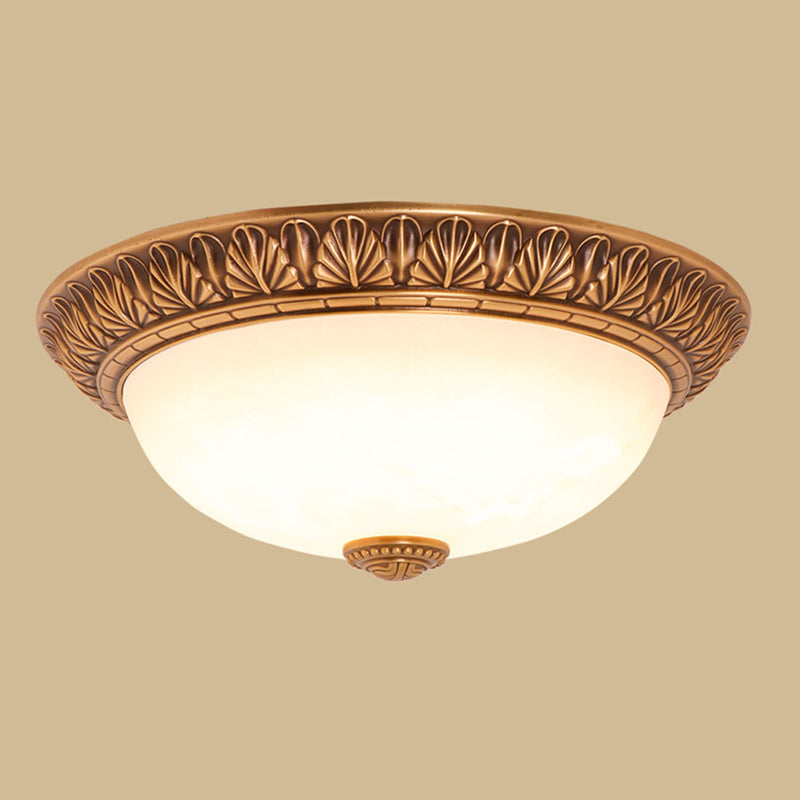 Cream Glass Bronze Flush Mount Light Flower/Leaf/Floral-Trimmed Bowl Traditional LED Ceiling Light Fixture, 12"/16" W Clearhalo 'Ceiling Lights' 'Close To Ceiling Lights' 'Close to ceiling' 'Flush mount' Lighting' 1972026