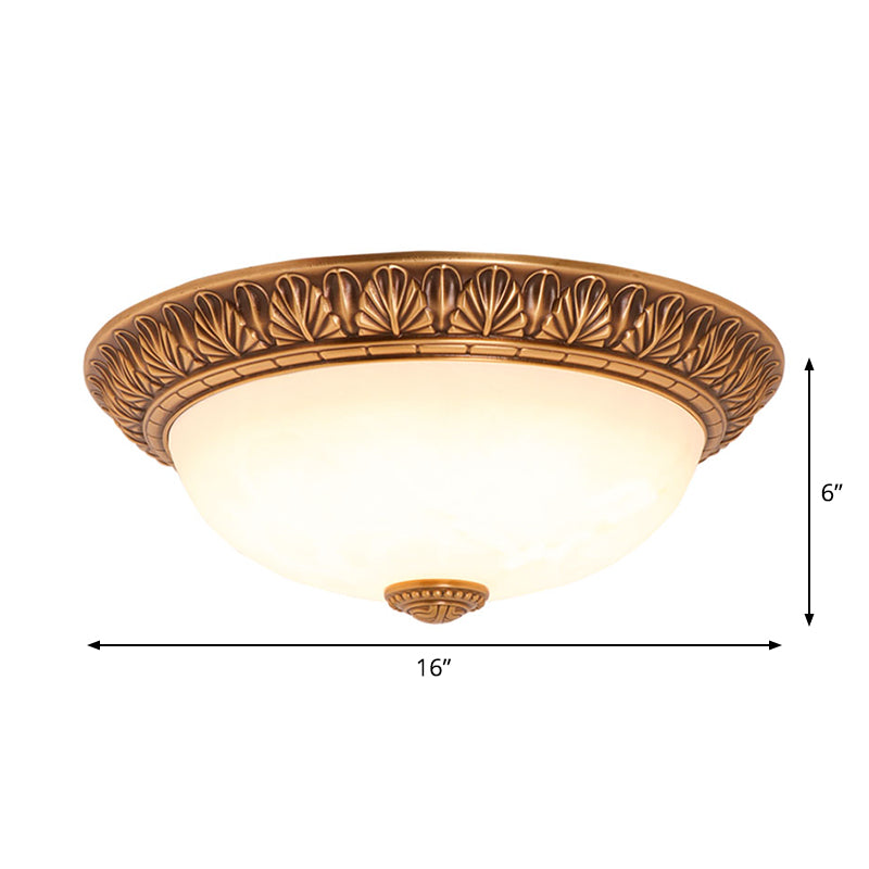 Cream Glass Bronze Flush Mount Light Flower/Leaf/Floral-Trimmed Bowl Traditional LED Ceiling Light Fixture, 12"/16" W Clearhalo 'Ceiling Lights' 'Close To Ceiling Lights' 'Close to ceiling' 'Flush mount' Lighting' 1972028