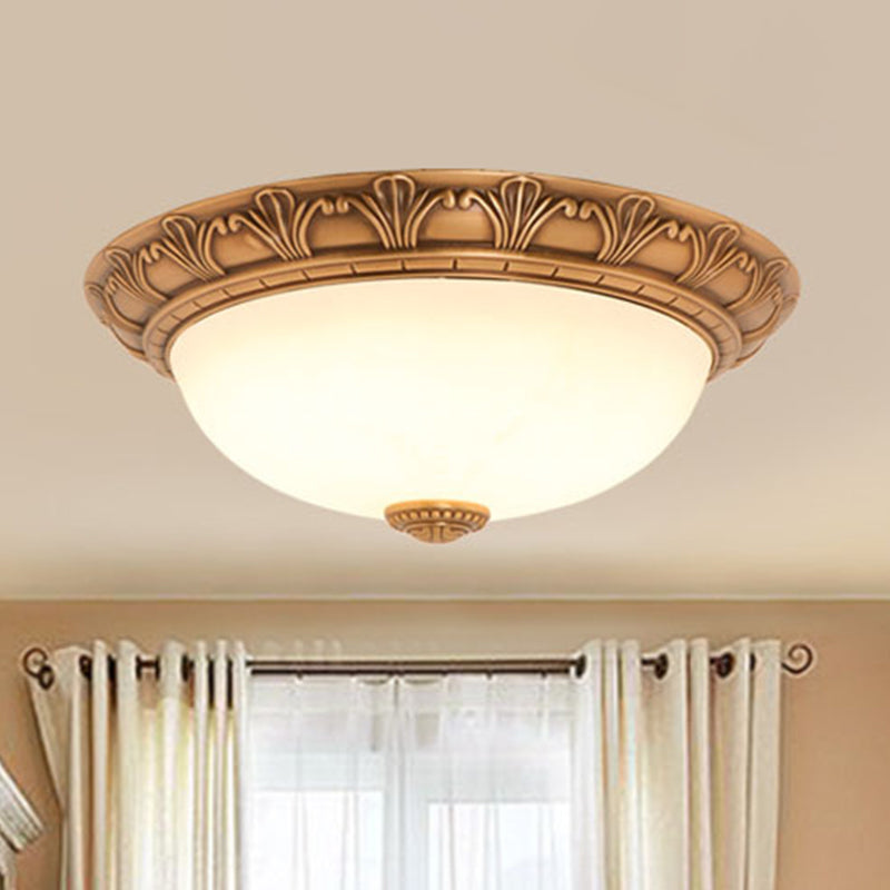 Cream Glass Bronze Flush Mount Light Flower/Leaf/Floral-Trimmed Bowl Traditional LED Ceiling Light Fixture, 12"/16" W Bronze Flower Clearhalo 'Ceiling Lights' 'Close To Ceiling Lights' 'Close to ceiling' 'Flush mount' Lighting' 1972029