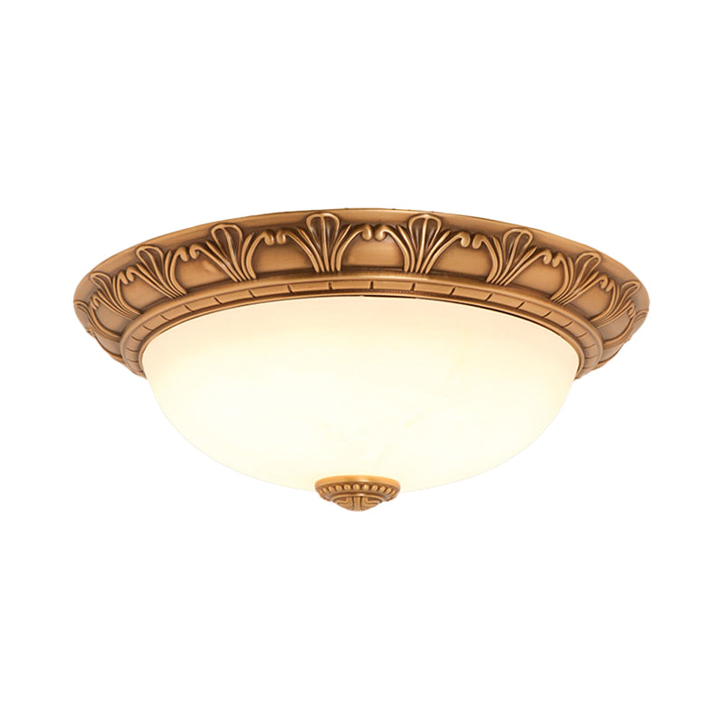 Cream Glass Bronze Flush Mount Light Flower/Leaf/Floral-Trimmed Bowl Traditional LED Ceiling Light Fixture, 12"/16" W Clearhalo 'Ceiling Lights' 'Close To Ceiling Lights' 'Close to ceiling' 'Flush mount' Lighting' 1972030