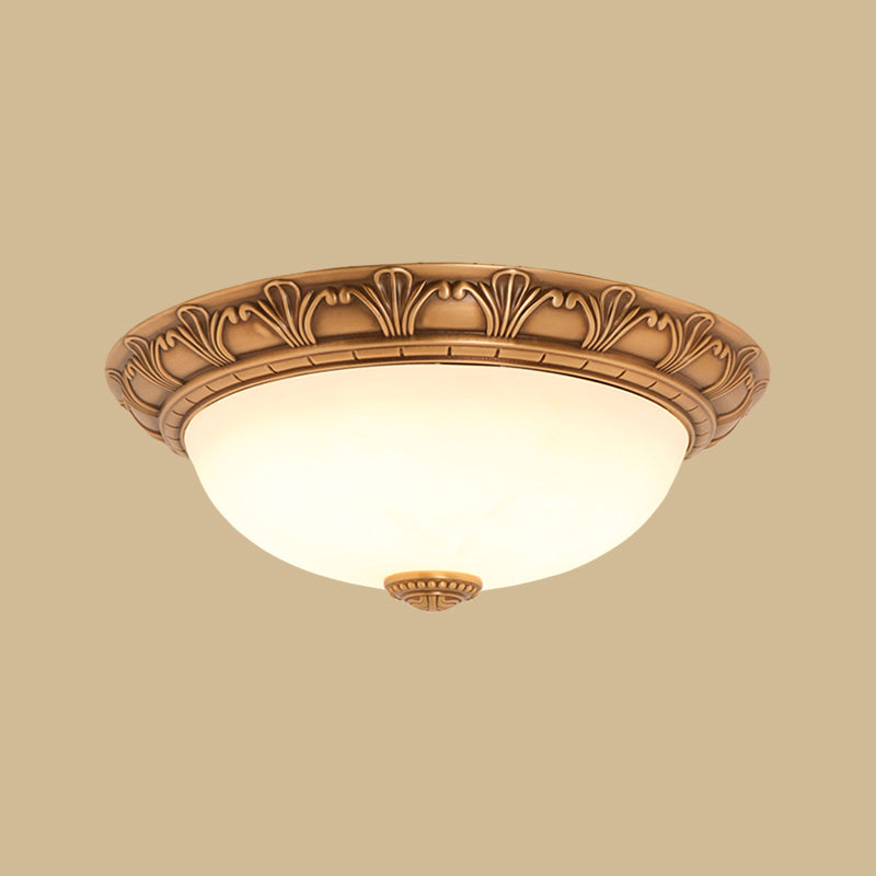 Cream Glass Bronze Flush Mount Light Flower/Leaf/Floral-Trimmed Bowl Traditional LED Ceiling Light Fixture, 12"/16" W Clearhalo 'Ceiling Lights' 'Close To Ceiling Lights' 'Close to ceiling' 'Flush mount' Lighting' 1972031