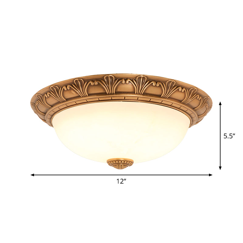 Cream Glass Bronze Flush Mount Light Flower/Leaf/Floral-Trimmed Bowl Traditional LED Ceiling Light Fixture, 12"/16" W Clearhalo 'Ceiling Lights' 'Close To Ceiling Lights' 'Close to ceiling' 'Flush mount' Lighting' 1972032