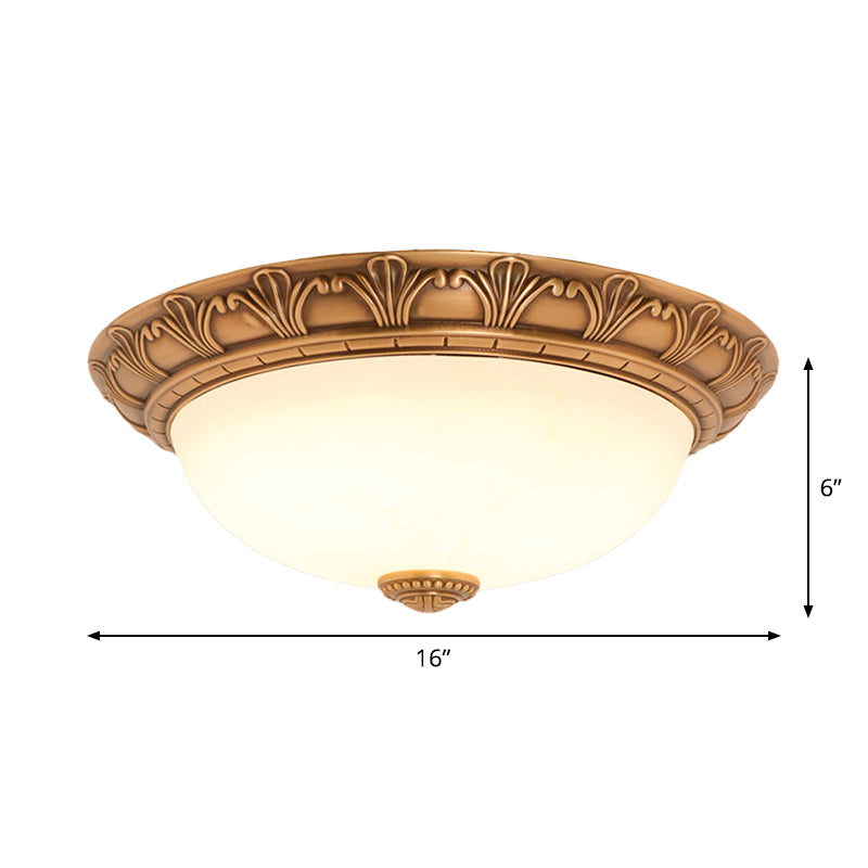 Cream Glass Bronze Flush Mount Light Flower/Leaf/Floral-Trimmed Bowl Traditional LED Ceiling Light Fixture, 12"/16" W Clearhalo 'Ceiling Lights' 'Close To Ceiling Lights' 'Close to ceiling' 'Flush mount' Lighting' 1972033