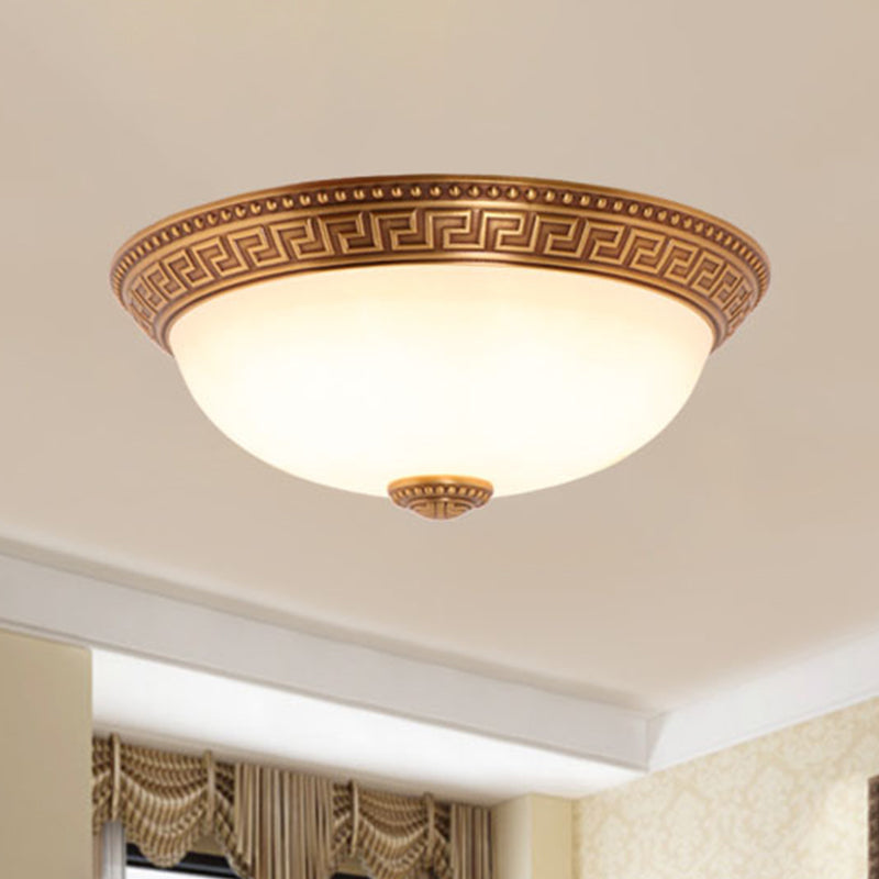 Cream Glass Bronze Flush Mount Light Flower/Leaf/Floral-Trimmed Bowl Traditional LED Ceiling Light Fixture, 12"/16" W Bronze Geometric Clearhalo 'Ceiling Lights' 'Close To Ceiling Lights' 'Close to ceiling' 'Flush mount' Lighting' 1972034