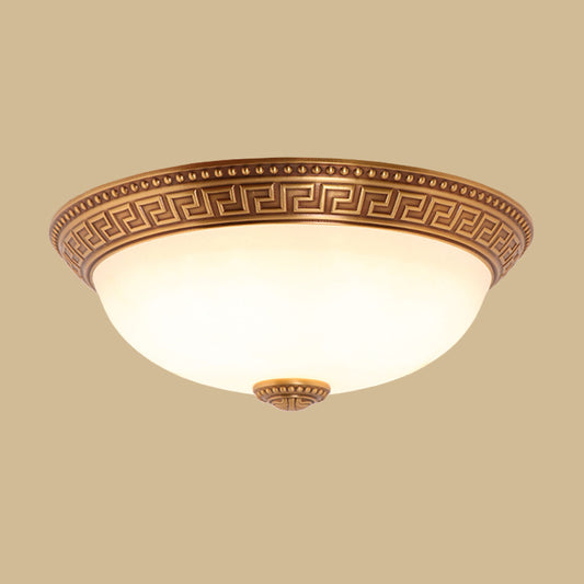 Cream Glass Bronze Flush Mount Light Flower/Leaf/Floral-Trimmed Bowl Traditional LED Ceiling Light Fixture, 12"/16" W Clearhalo 'Ceiling Lights' 'Close To Ceiling Lights' 'Close to ceiling' 'Flush mount' Lighting' 1972036